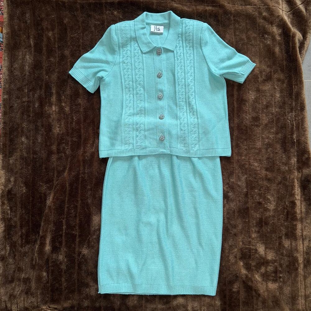 VTG Mita 12P Aqua Collared, Button Front Cable Knit Short Sleeve Top/Skirt‎ Set
